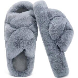 Women's Gray Faux Fur Fuzzy Fluff House Open Toe Slide Slippers Shoes